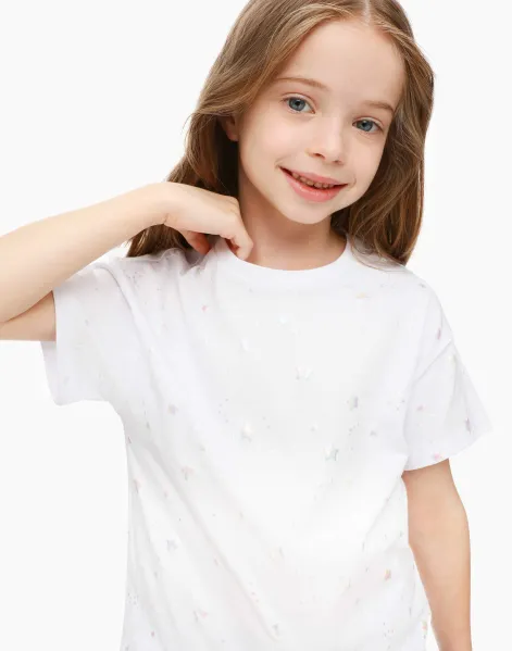 Белая футболка oversize со звёздами для девочки-0
