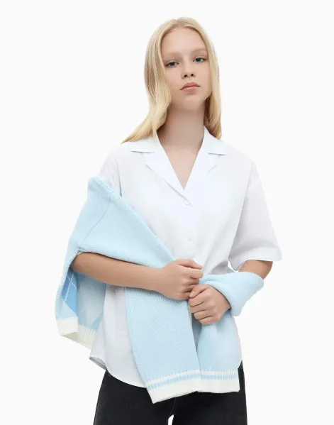 Белая рубашка oversize с коротким рукавом для девочки-0