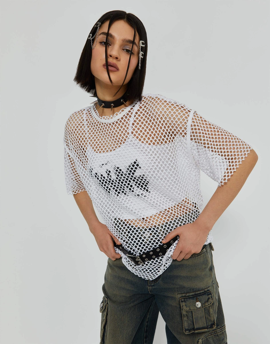 Белая сетчатая футболка oversize с граффити-принтом GKT022449-3 купить ...