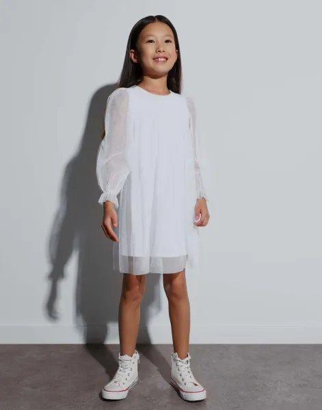 Белое платье-мини в складку с сетчатыми рукавами для девочки-0