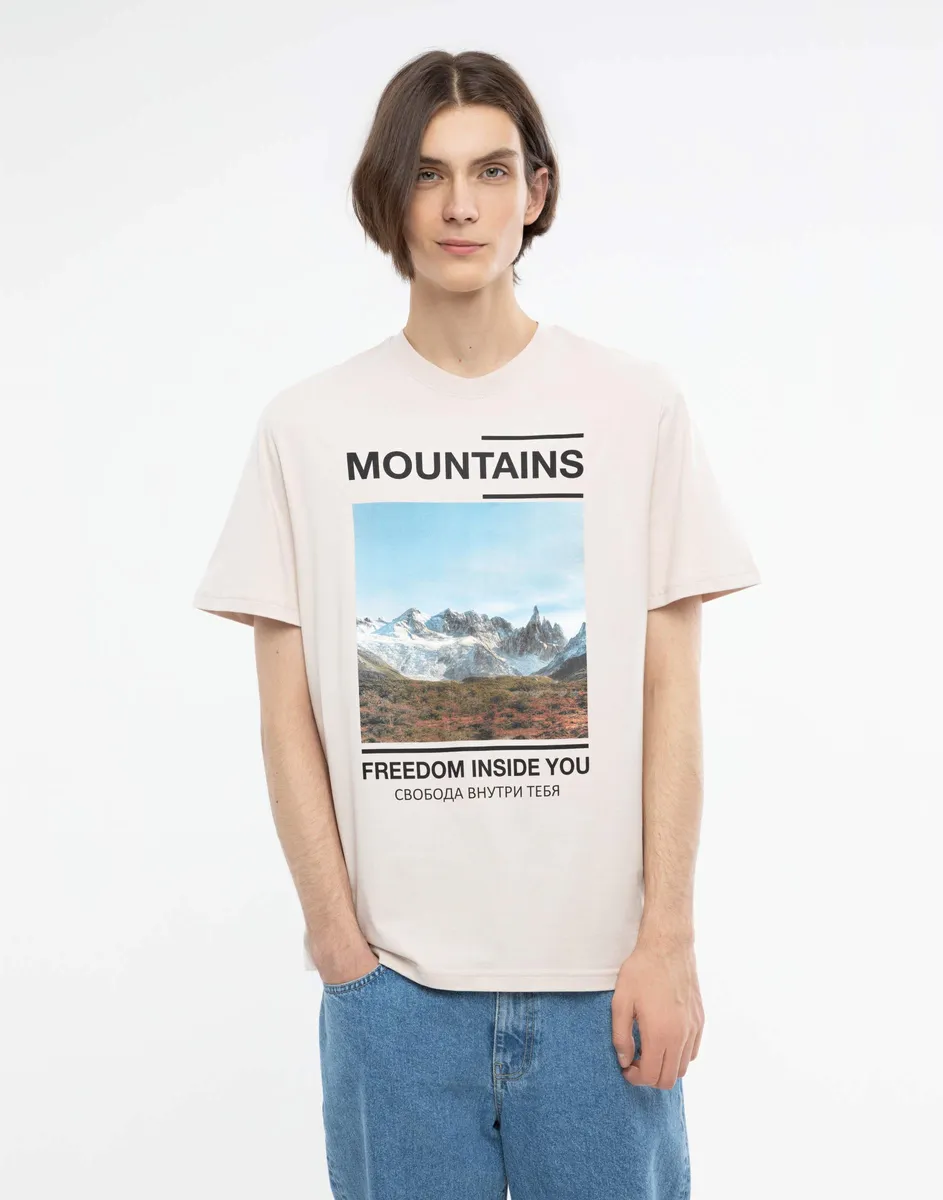 Бежевая футболка из тонкого джерси с принтом Mountains BKT012240-1 купить  по цене от 1299 рублей с доставкой по России