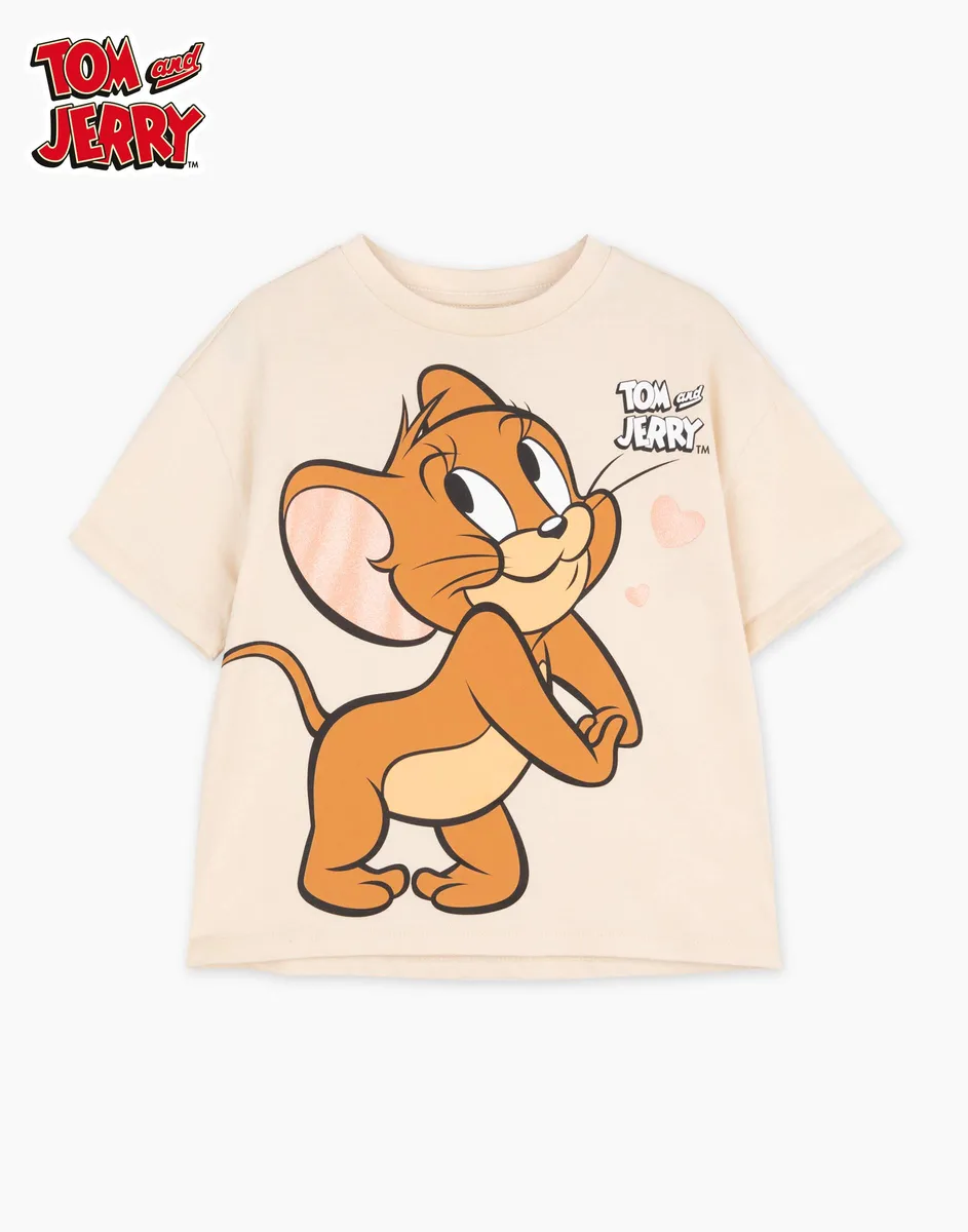 Бежевая футболка oversize с принтом Tom and Jerry для девочки GKT016065-1  купить по цене от 349 рублей с доставкой по России