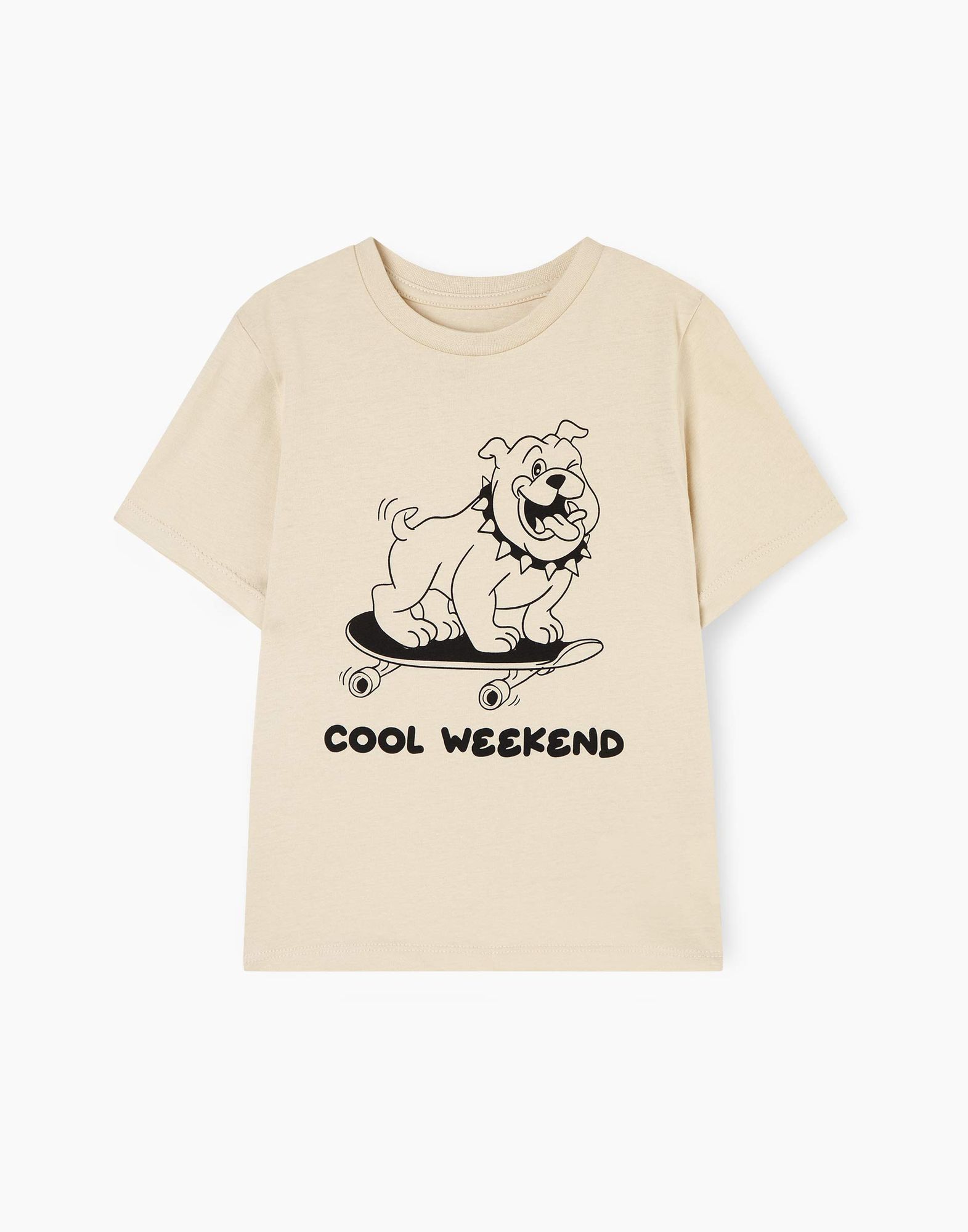 Бежевая футболка с надписью Cool weekend для мальчика-1