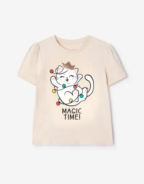 Бежевая футболка с принтом Magic Time и аппликацией для девочки-0