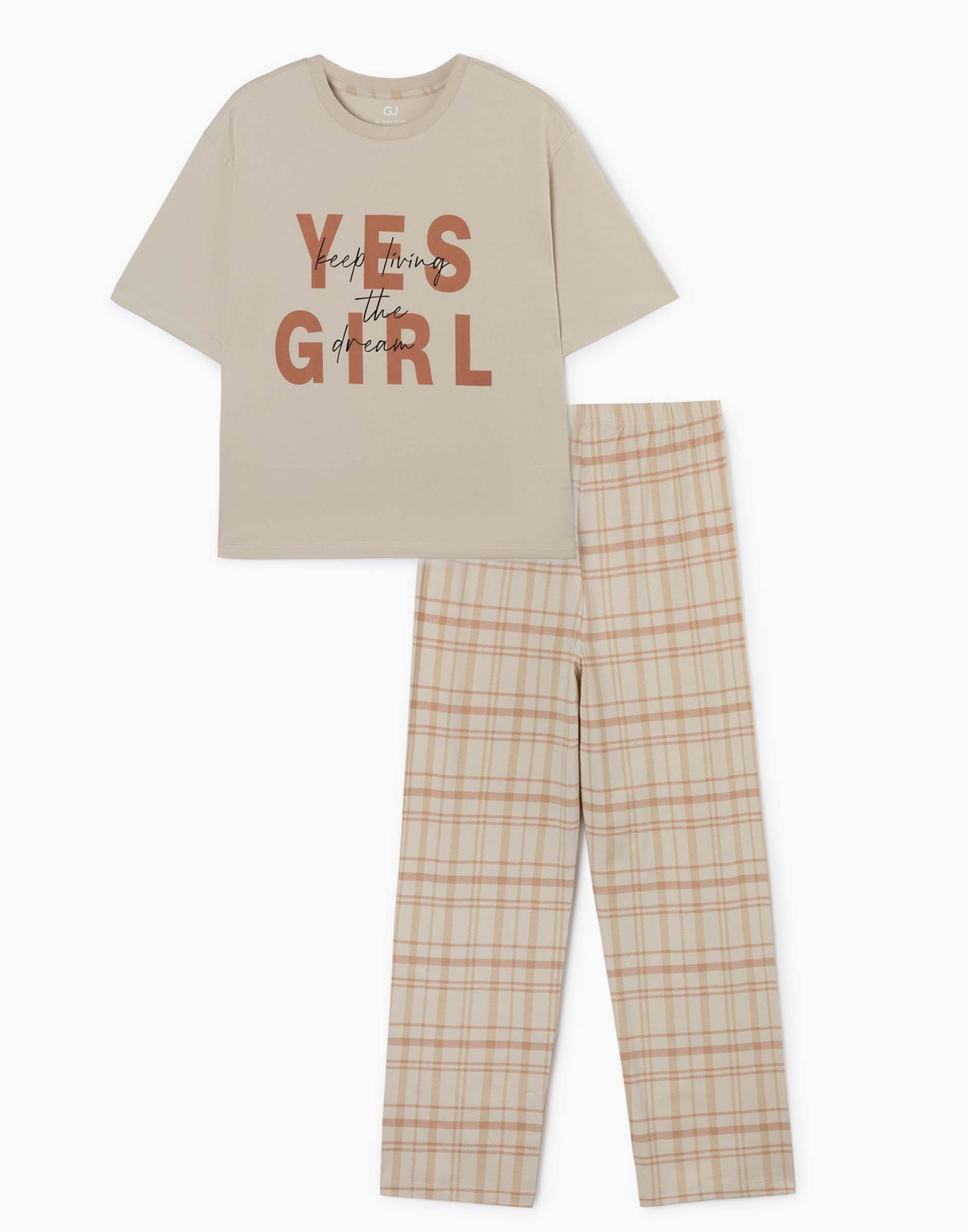 Бежевая пижама с надписями для девочки-0