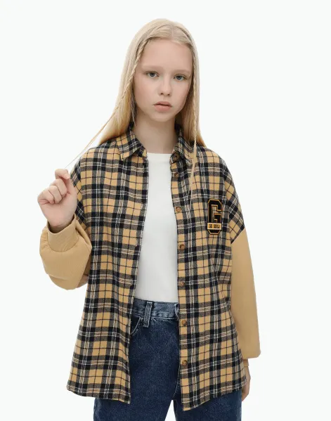 Бежевая рубашка oversize в клетку для девочки-0