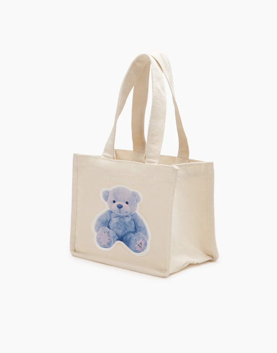 Бежевая сумка-шоппер с мишкой для девочки-0