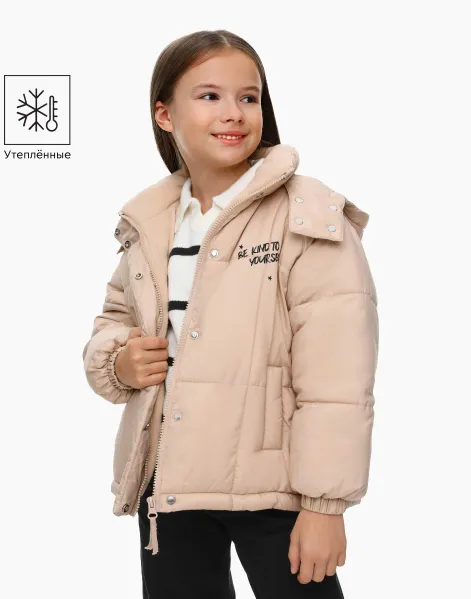 Бежевая утеплённая куртка с принтом для девочки-0