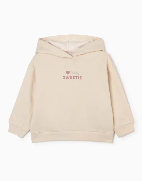 Бежевое худи oversize с принтом и блёстками для девочки -0