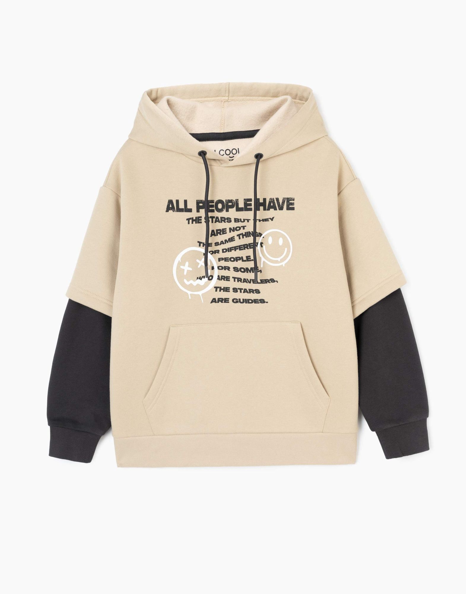 Бежевое худи oversize с принтом и двойными рукавами BAC013726-1 купить ...