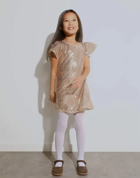Бежевое платье с пайетками и рукавами-крылышками для девочки-0