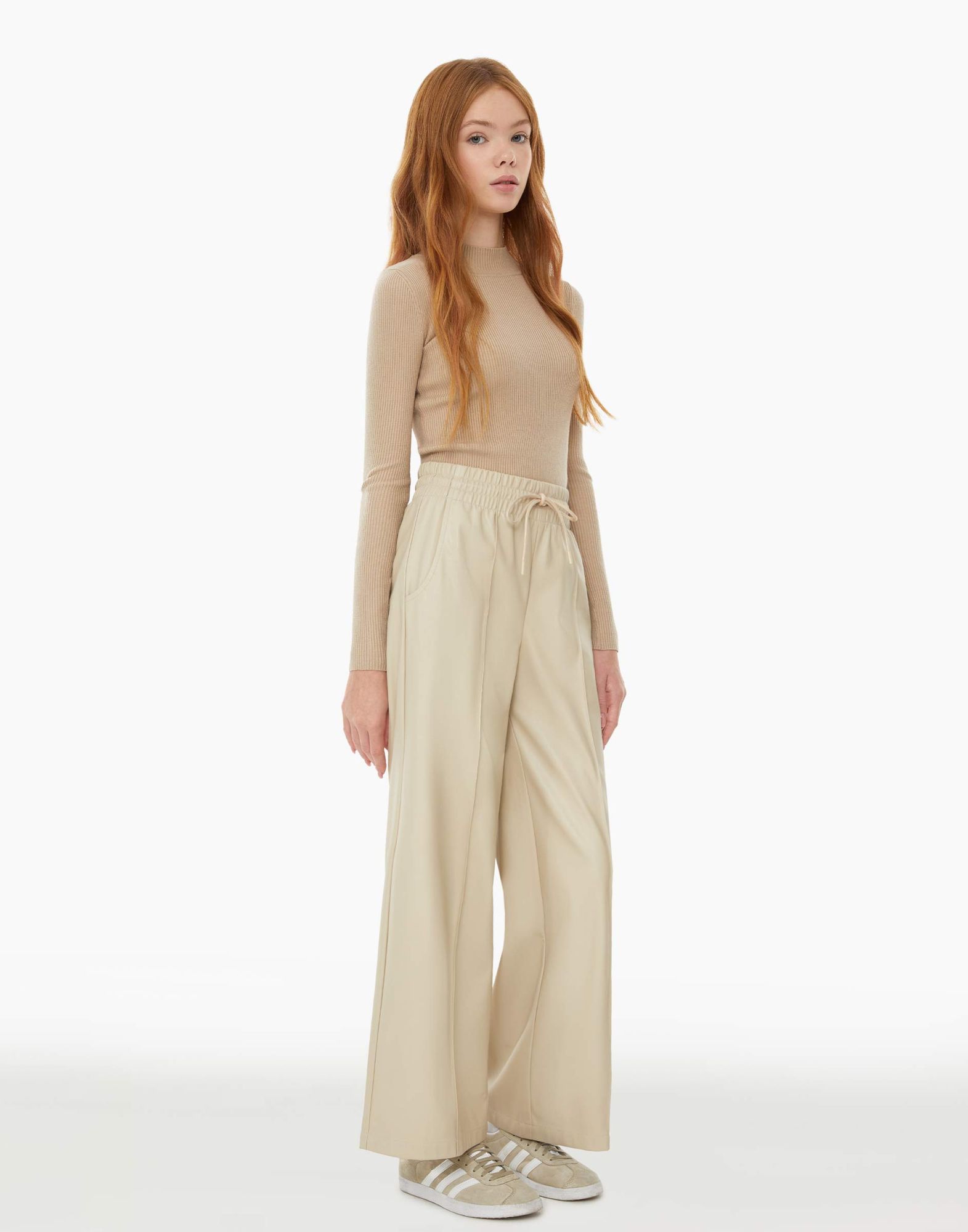 Бежевые брюки Wide leg из искусственной кожи для девочки-0