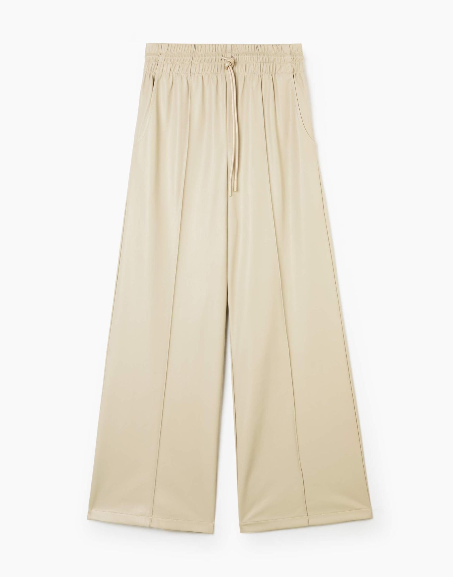 Бежевые брюки Wide leg из искусственной кожи для девочки-1
