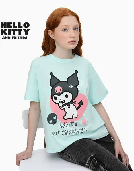 Бирюзовая футболка oversize с принтом Kuromi для девочки-0