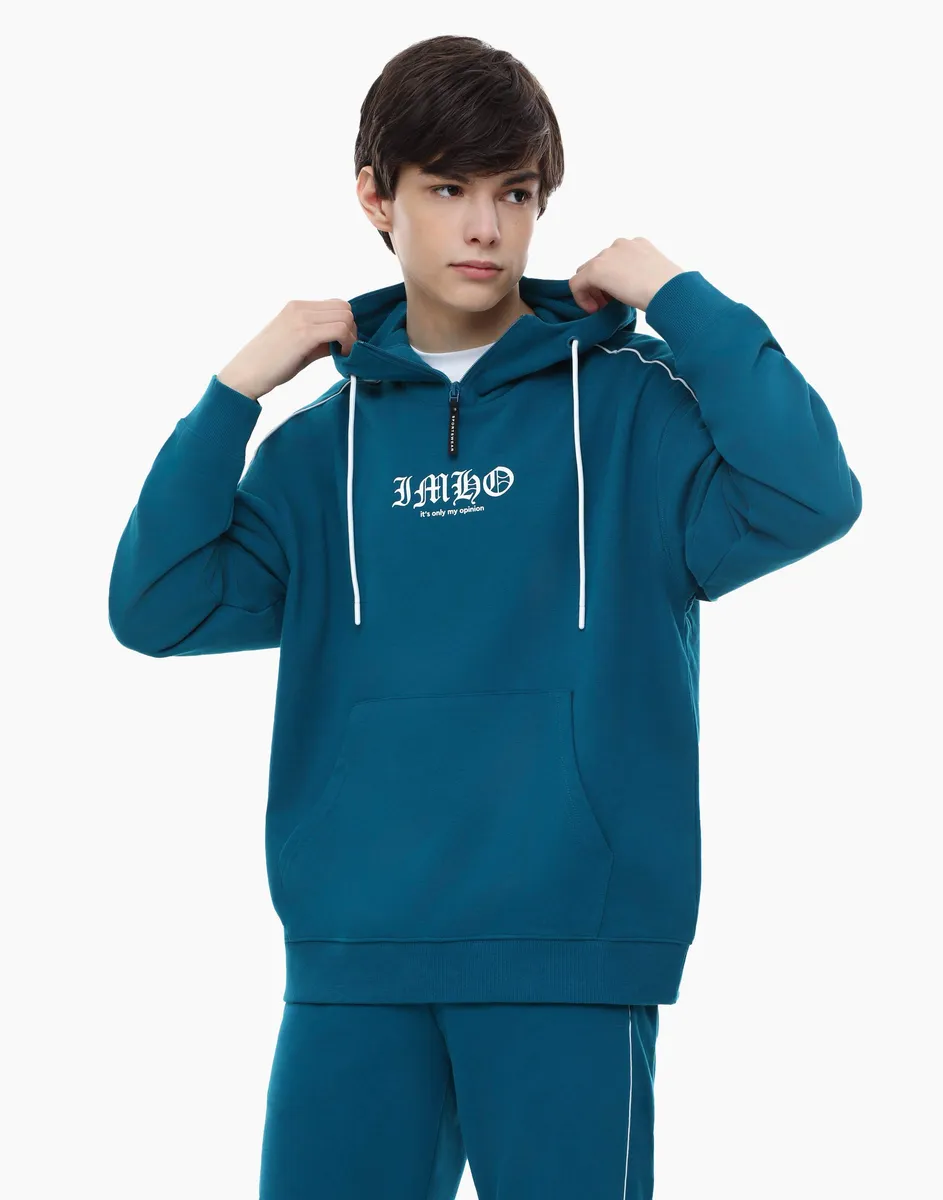 Бирюзовое худи oversize с молнией и принтом для мальчика-0