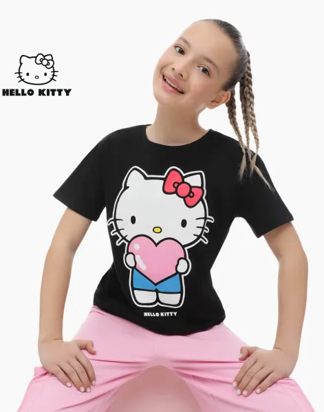 Чёрная футболка с принтом hello kitty для девочки-0