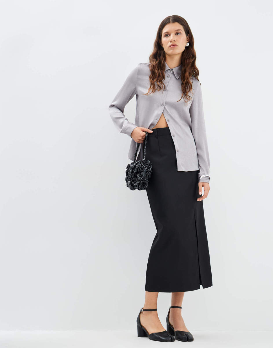 Чёрная прямая юбка макси с разрезом GSK020143-1 размер S