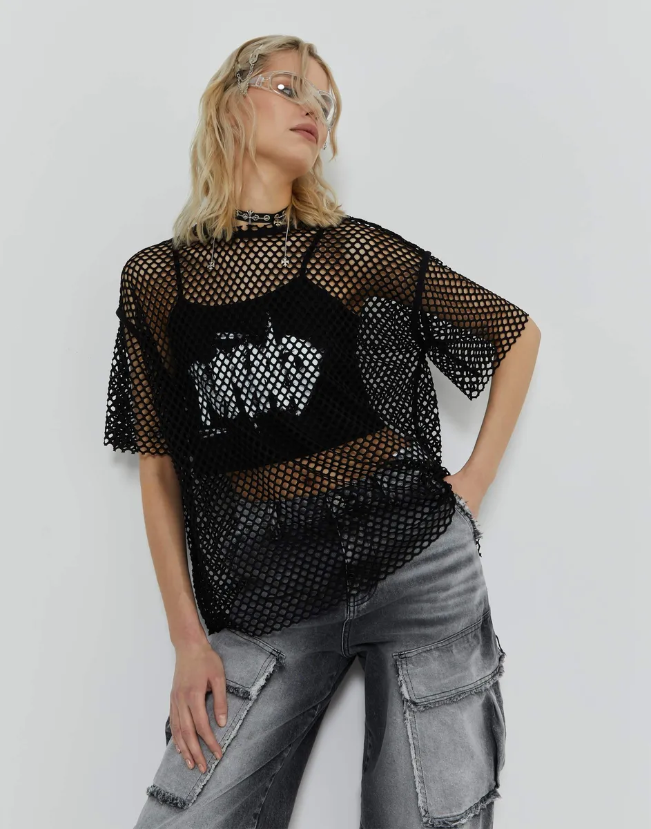 Чёрная сетчатая футболка oversize с граффити-принтом GKT022449-2 купить ...