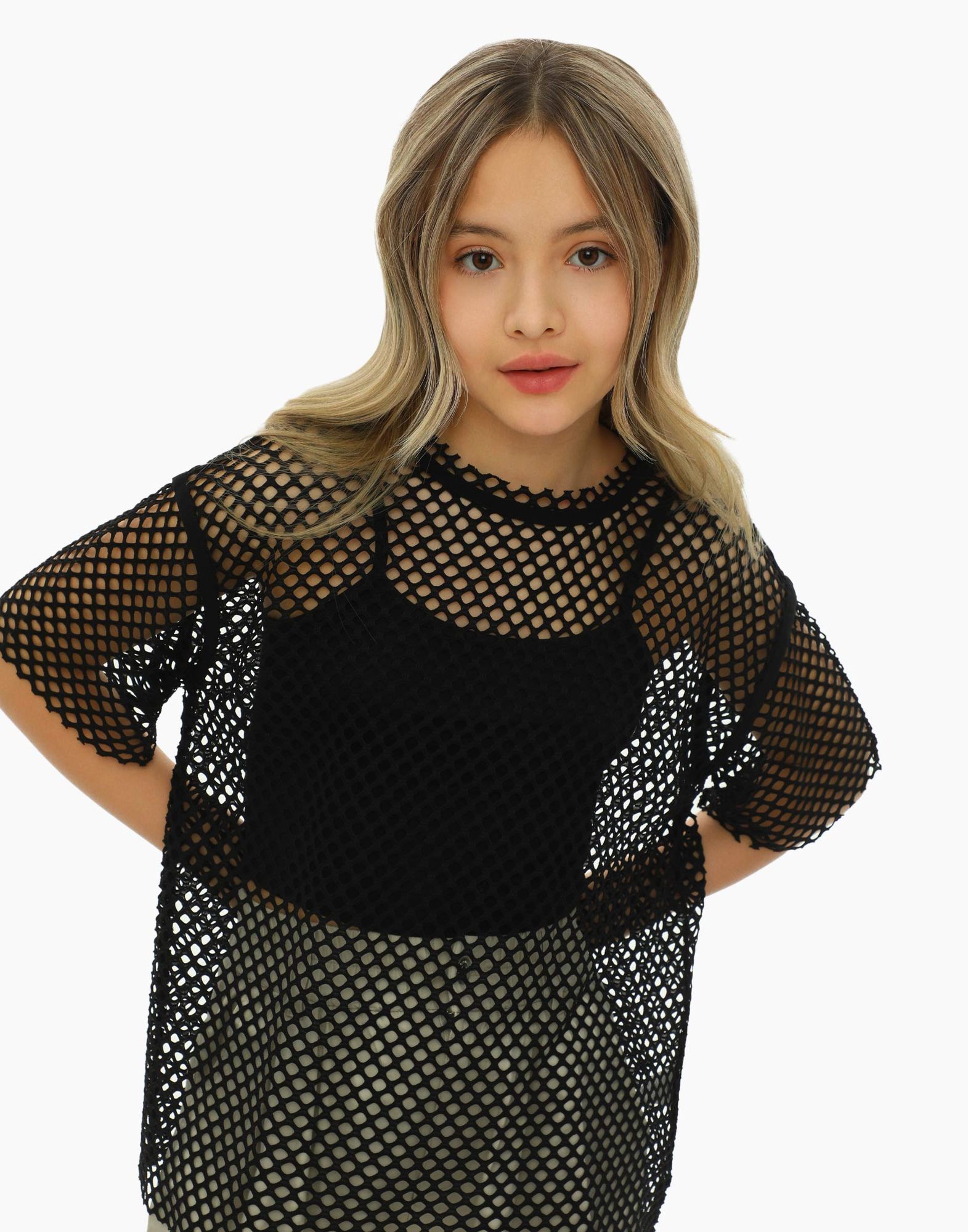 Чёрная сетчатая футболка oversize с топом для девочки GKT020200-2 ...