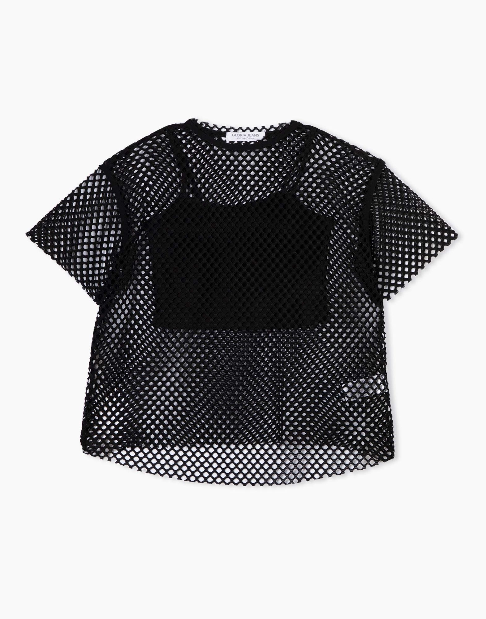 Чёрная сетчатая футболка oversize с топом для девочки GKT020200-2 ...