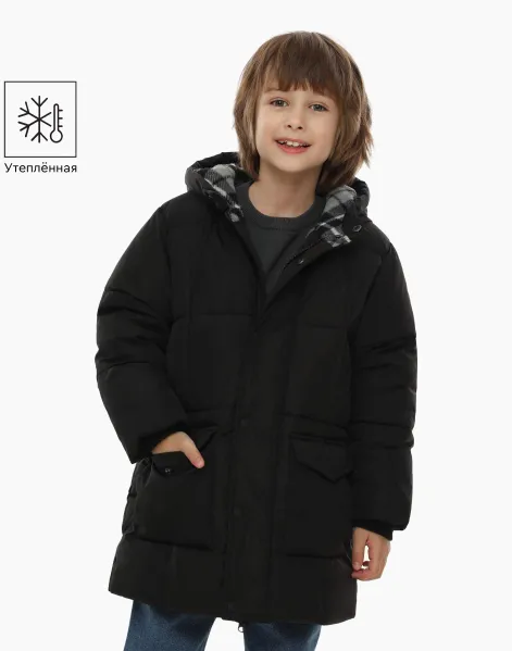 Чёрная удлинённая куртка с синтепухом для мальчика-0