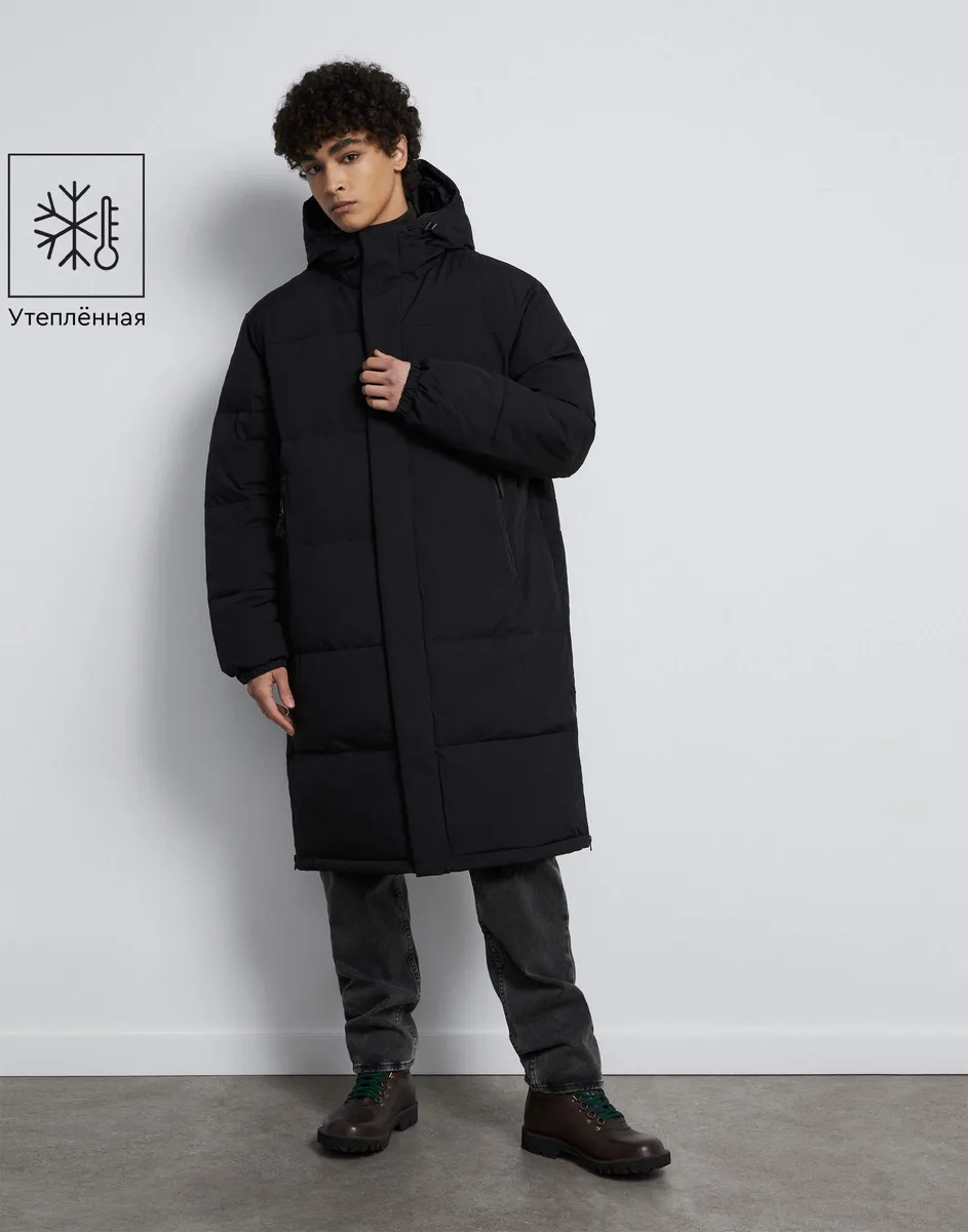 Чёрная удлинённая куртка с синтепухом-0
