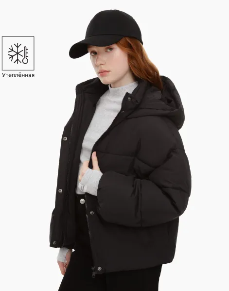 Чёрная утеплённая куртка oversize для девочки-0