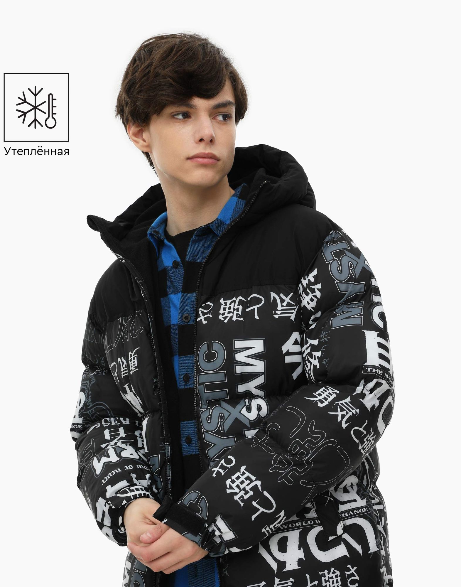 Чёрная утеплённая куртка oversize с принтом для мальчика-1