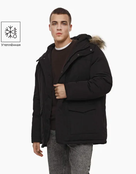 Чёрная утеплённая куртка-парка с воротником из экомеха-0