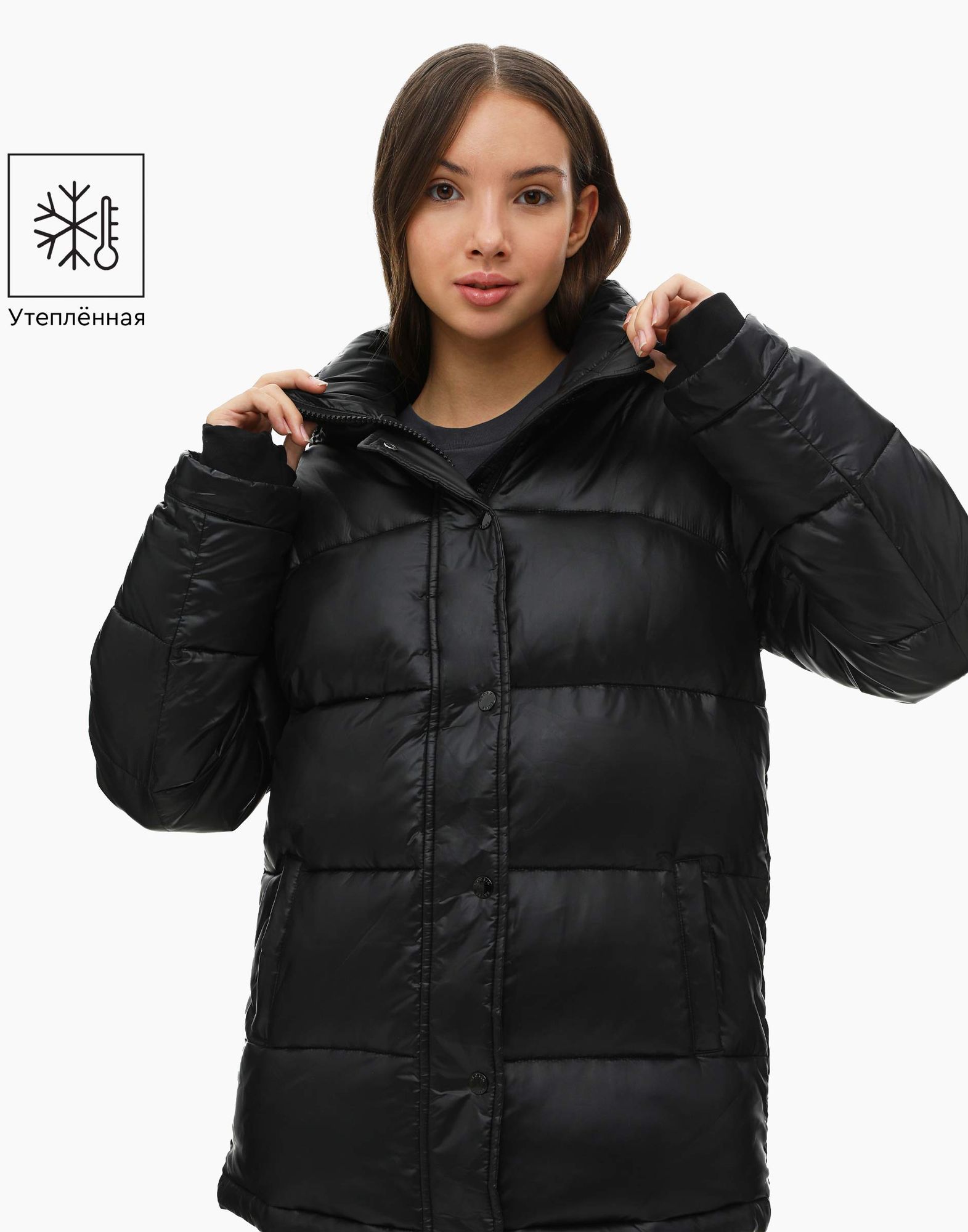 Чёрная утеплённая куртка с капюшоном для девочки -0