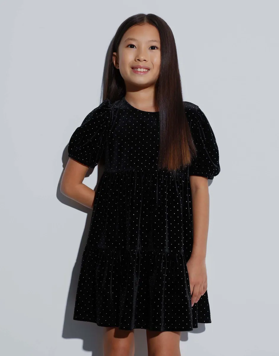 Чёрное ярусное платье из велюра с рукавами-фонариками для девочки-0