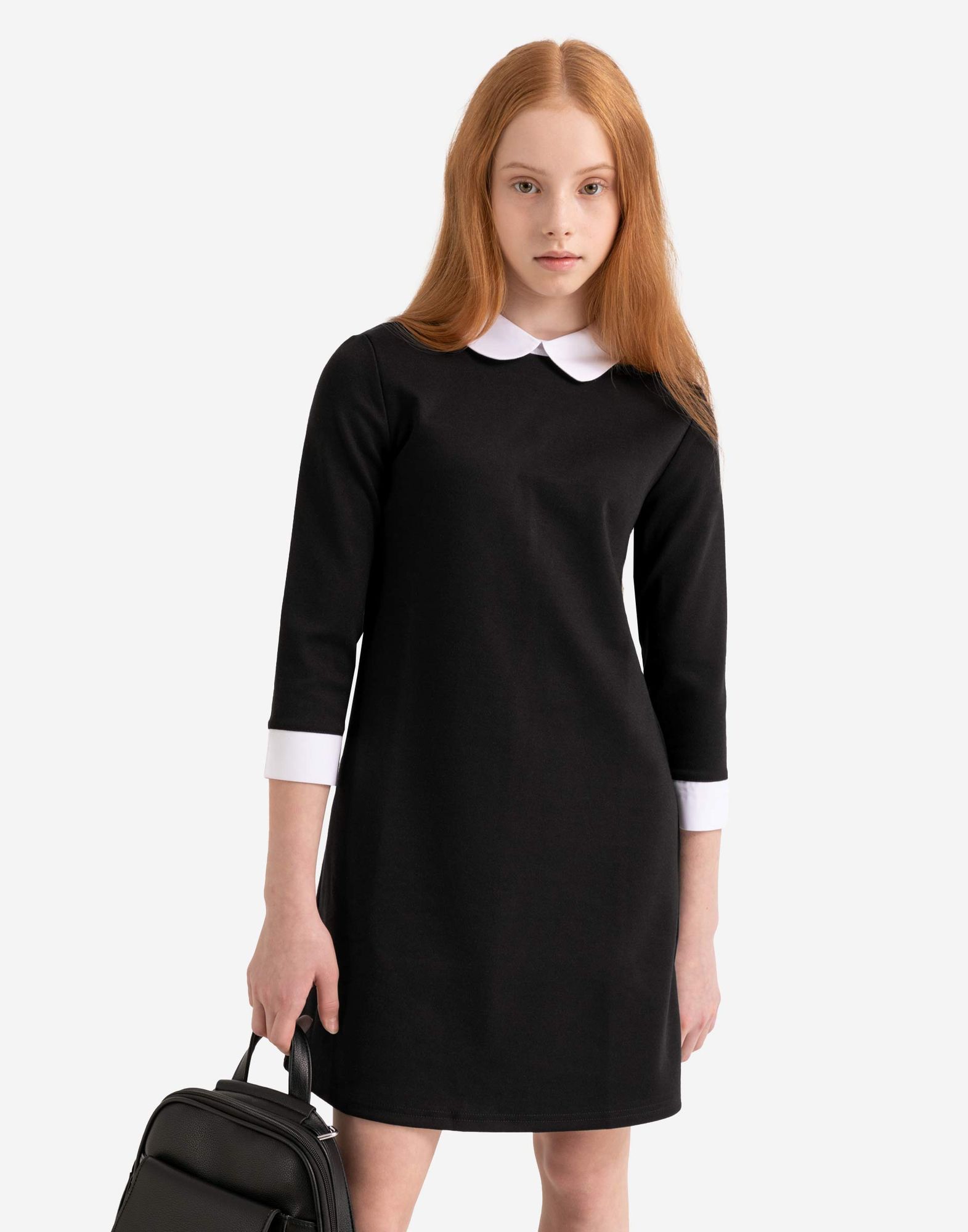 Черное школьное платье с контрастными деталями для девочки-0