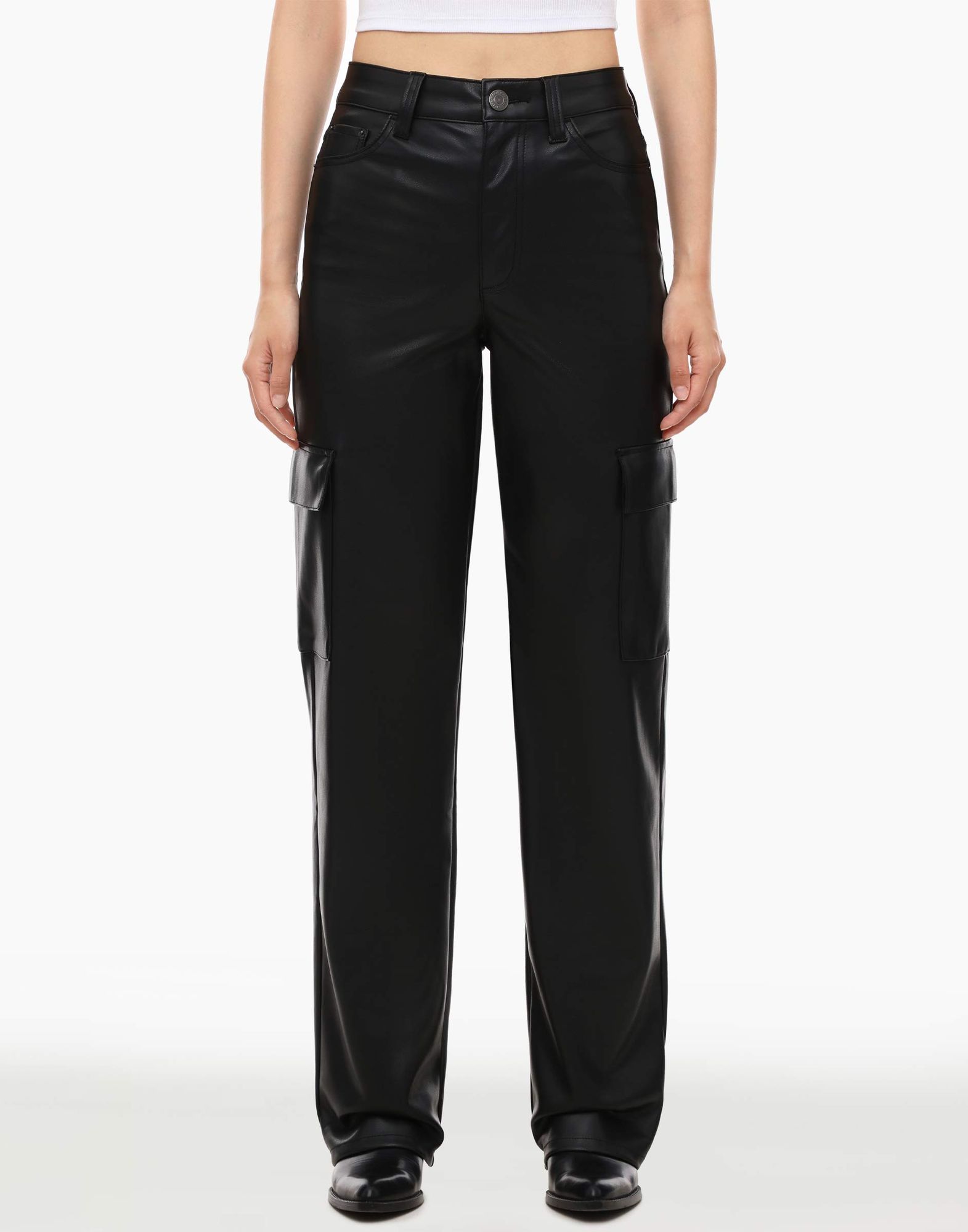 Чёрные брюки Cargo Straight из экокожи-2