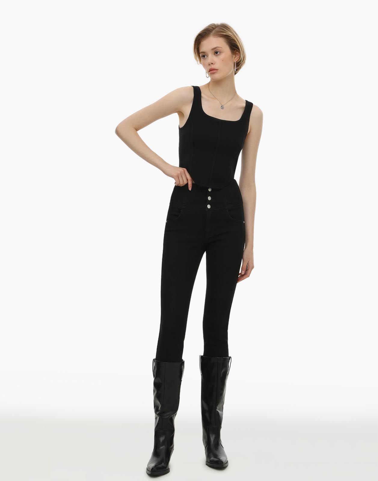 Чёрные облегающие джинсы Legging Wide Waist с пуговицами-0