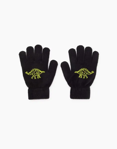 Чёрные перчатки с динозаврами для мальчика-0