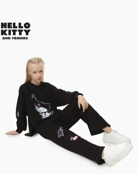 Чёрные спортивные брюки Wide leg с принтом Hello Kitty для девочки-0
