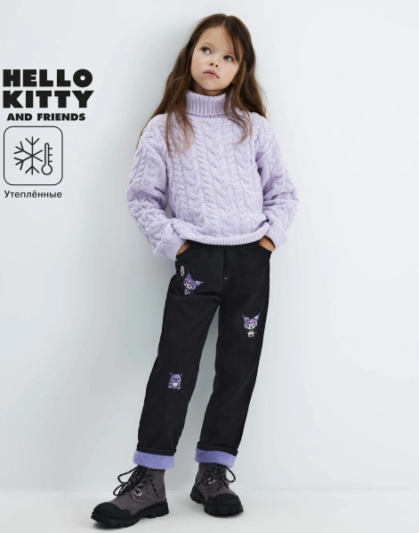 Чёрные утеплённые джинсы Straight Paperbag с вышивкой Kuromi для девочки-0