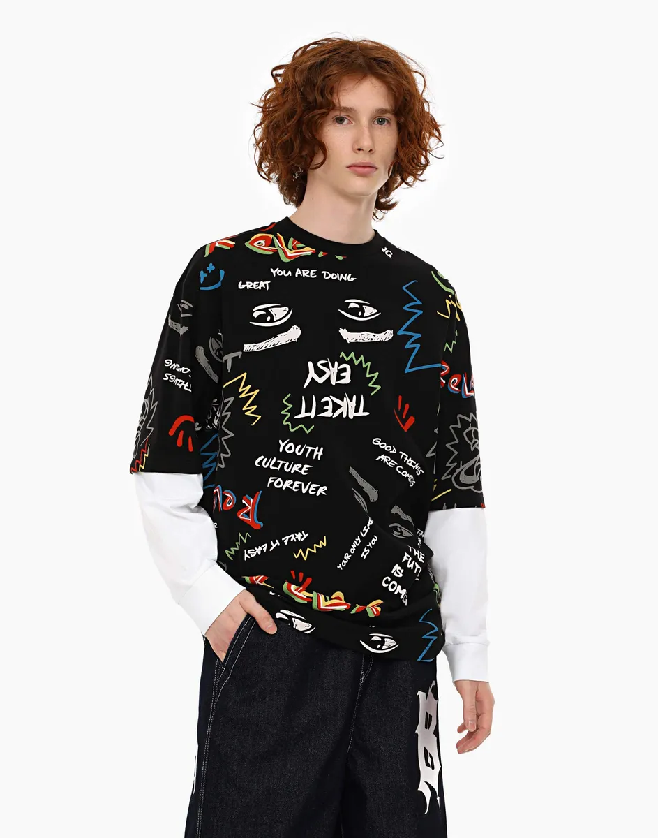 Чёрный лонгслив oversize с двойным рукавом для мальчика BKT013894-1 ...