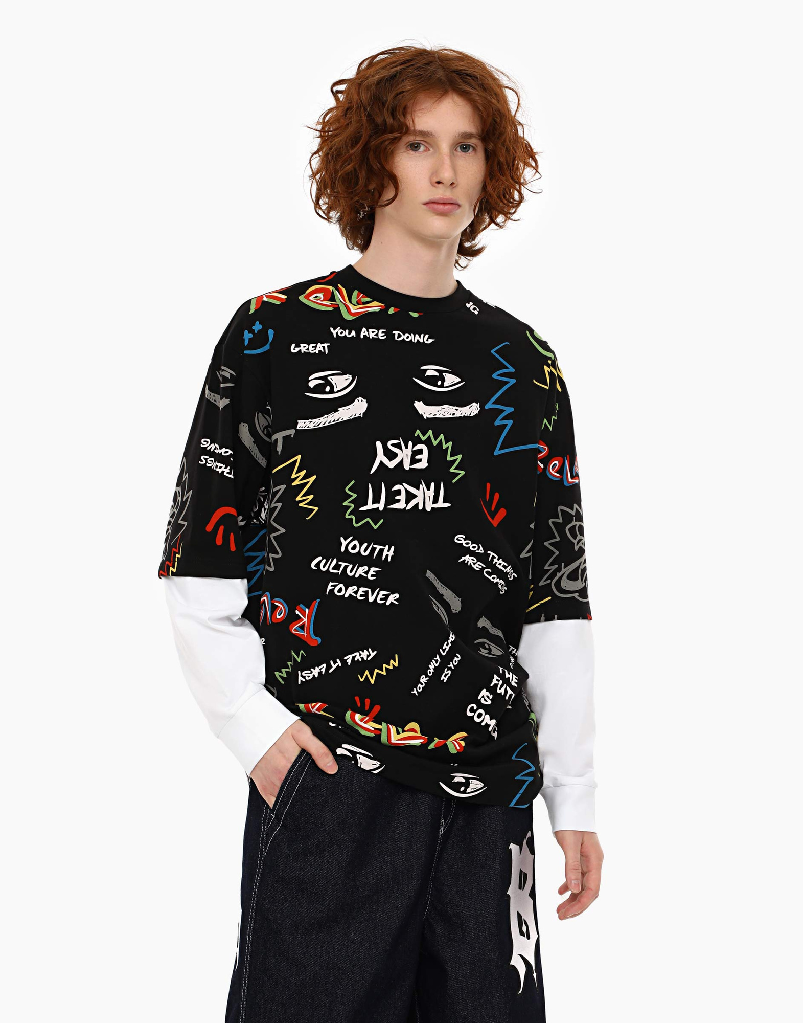 Чёрный лонгслив oversize с двойным рукавом для мальчика BKT013894-1 ...