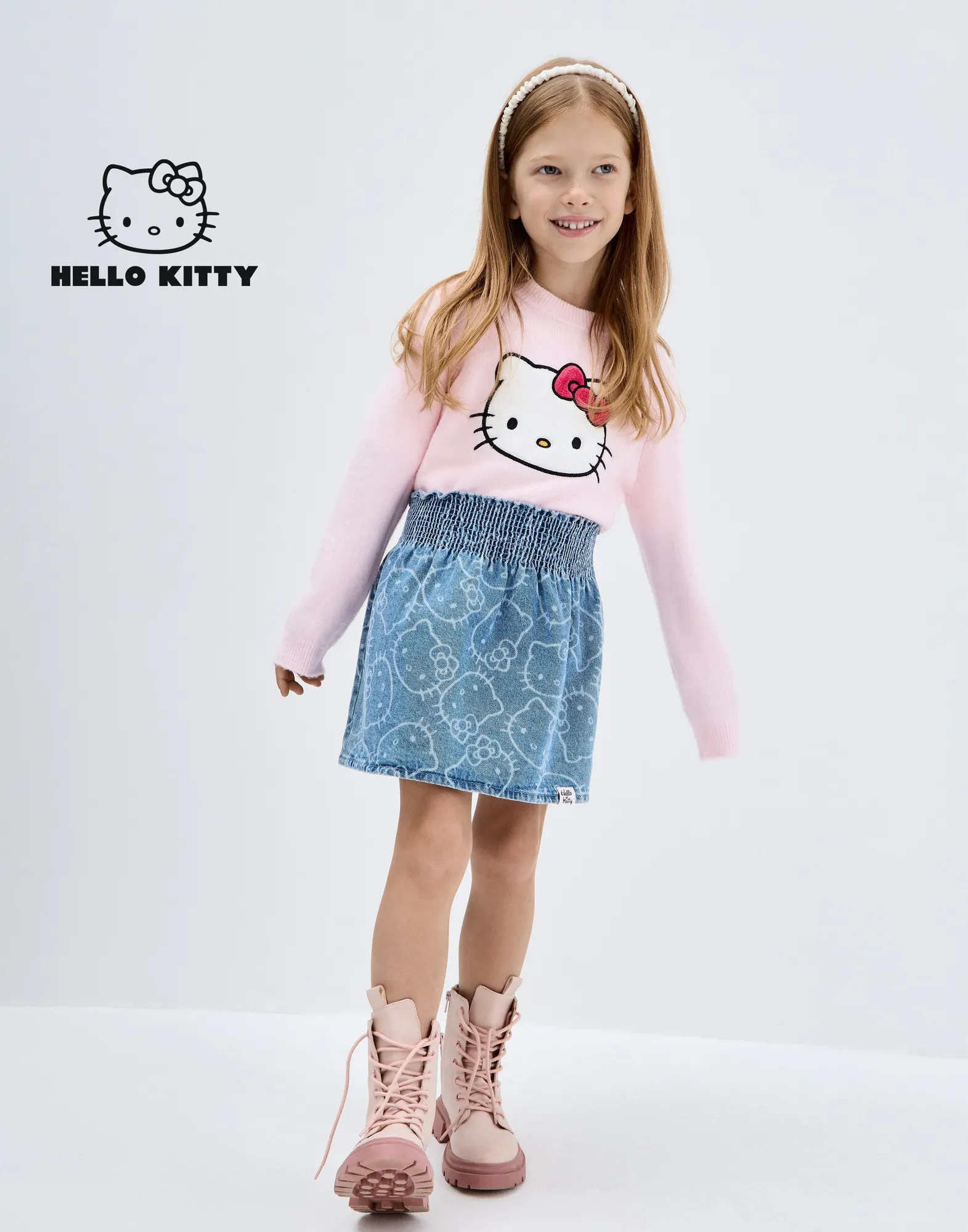 Джинсовая юбка-трапеция с принтом Hello Kitty для девочки