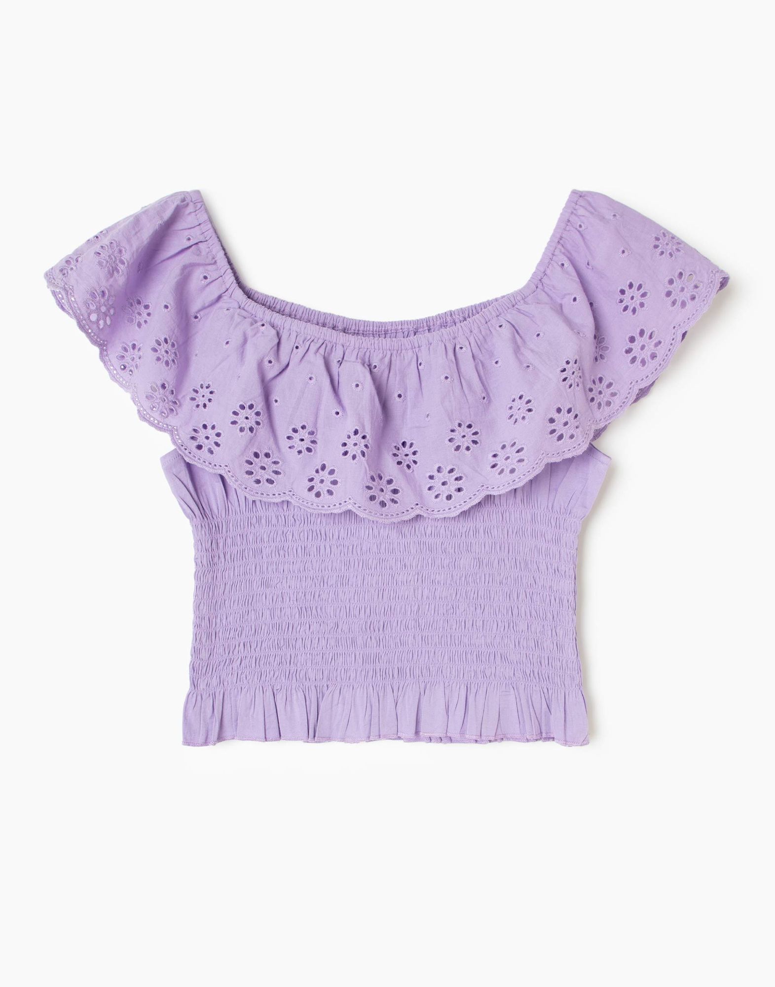 Фиолетовая блузка с вышивкой ришелье и открытыми плечами-0