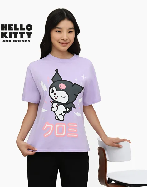 Фиолетовая футболка oversize с принтом для девочки-0