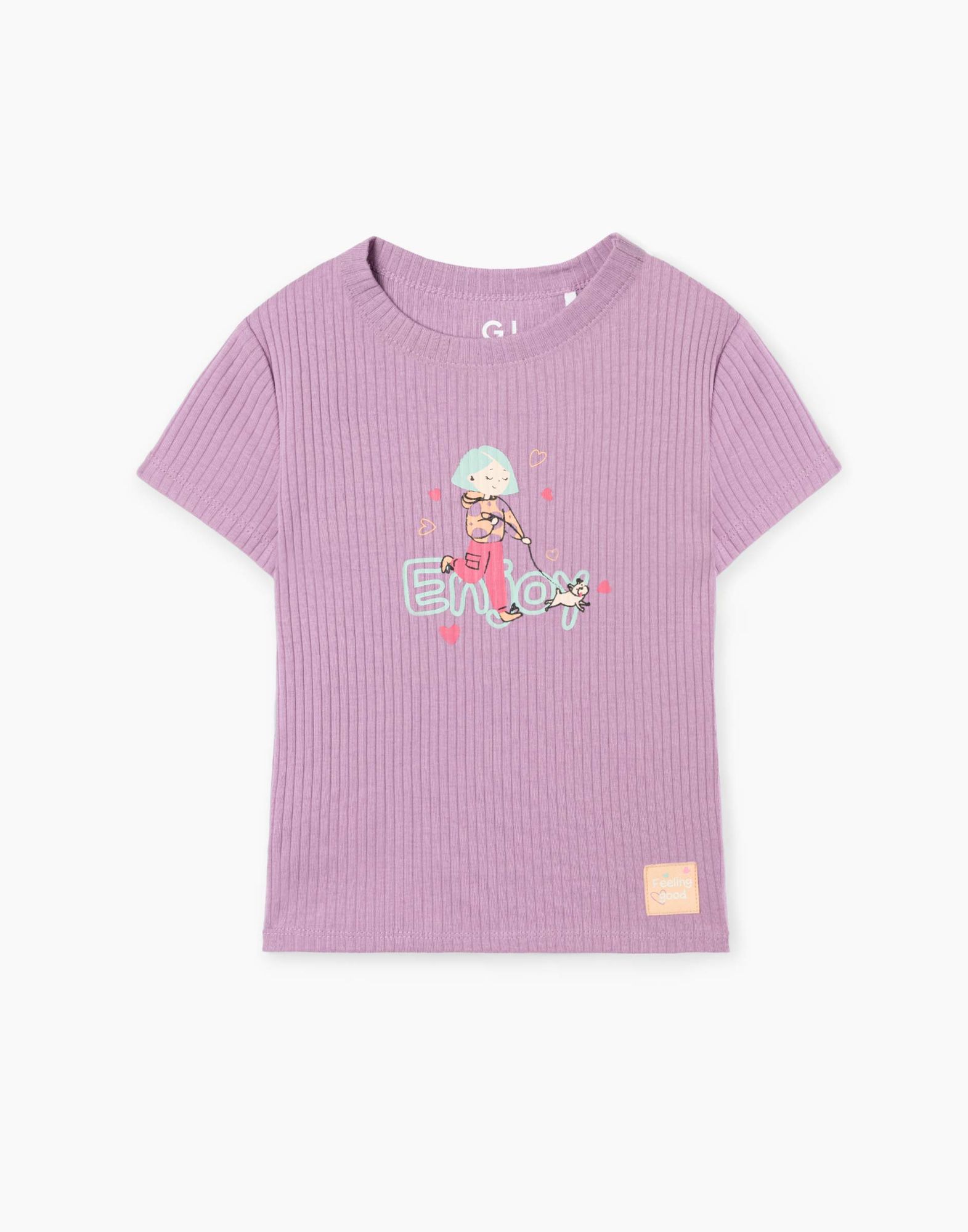 Фиолетовая футболка в рубчик с принтом для девочки-1