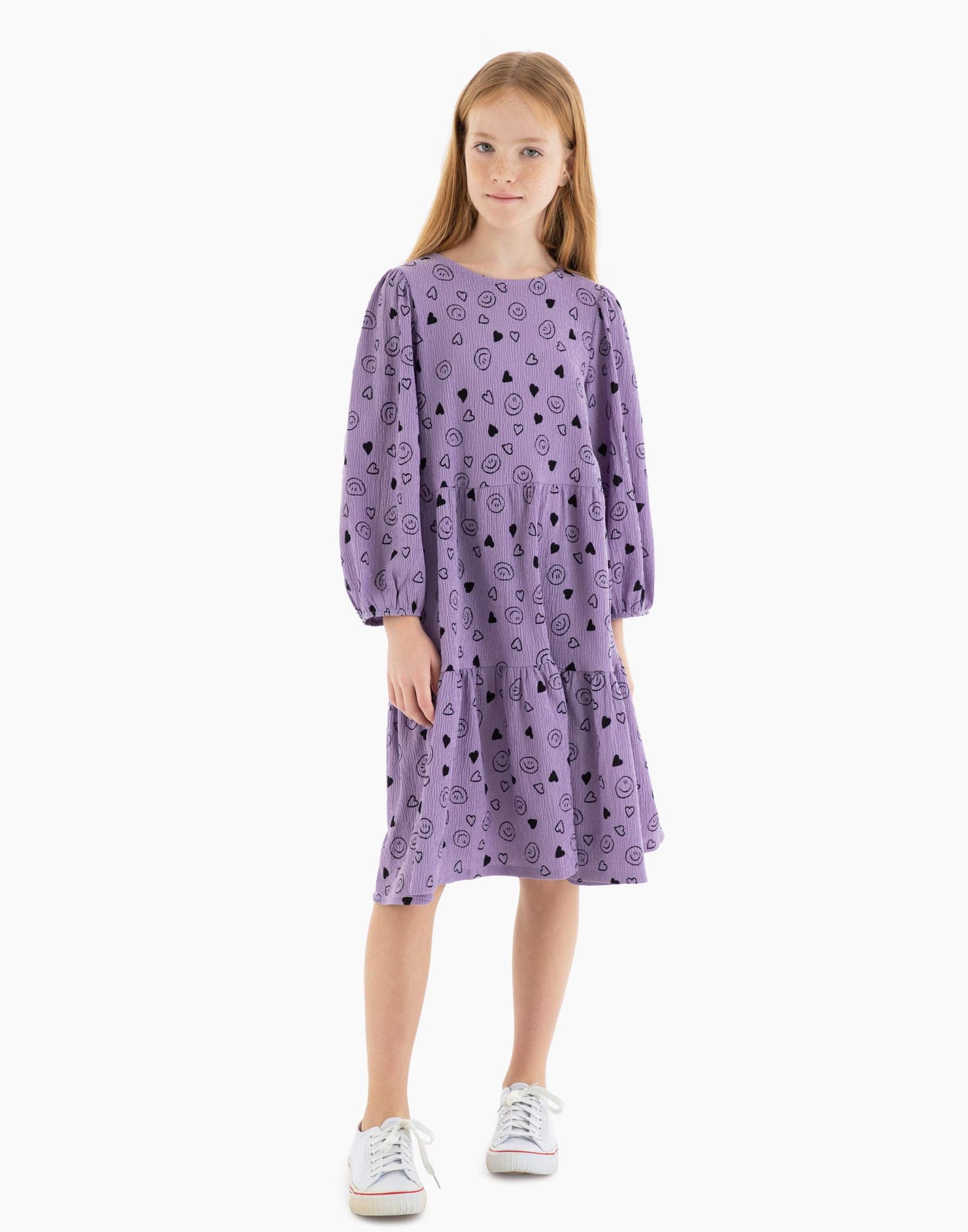 Фиолетовое ярусное платье с принтом для девочки-0