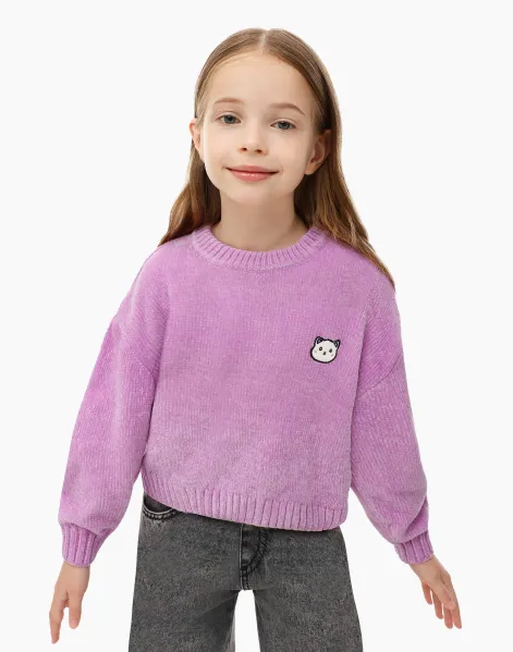 Фиолетовый джемпер oversize с вышивкой для девочки-0