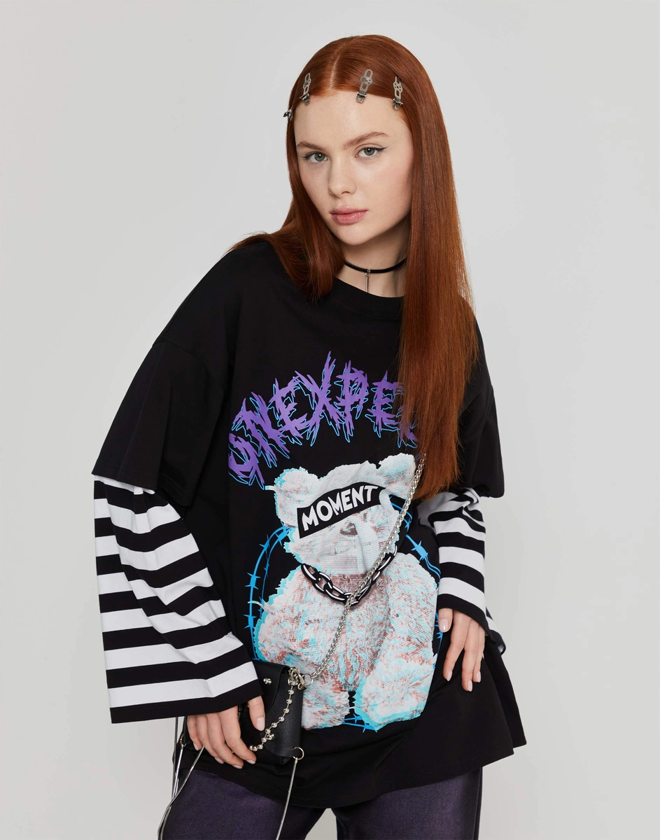 Футболка oversize в полоску с двойным рукавом GKT022461-2 купить по ...