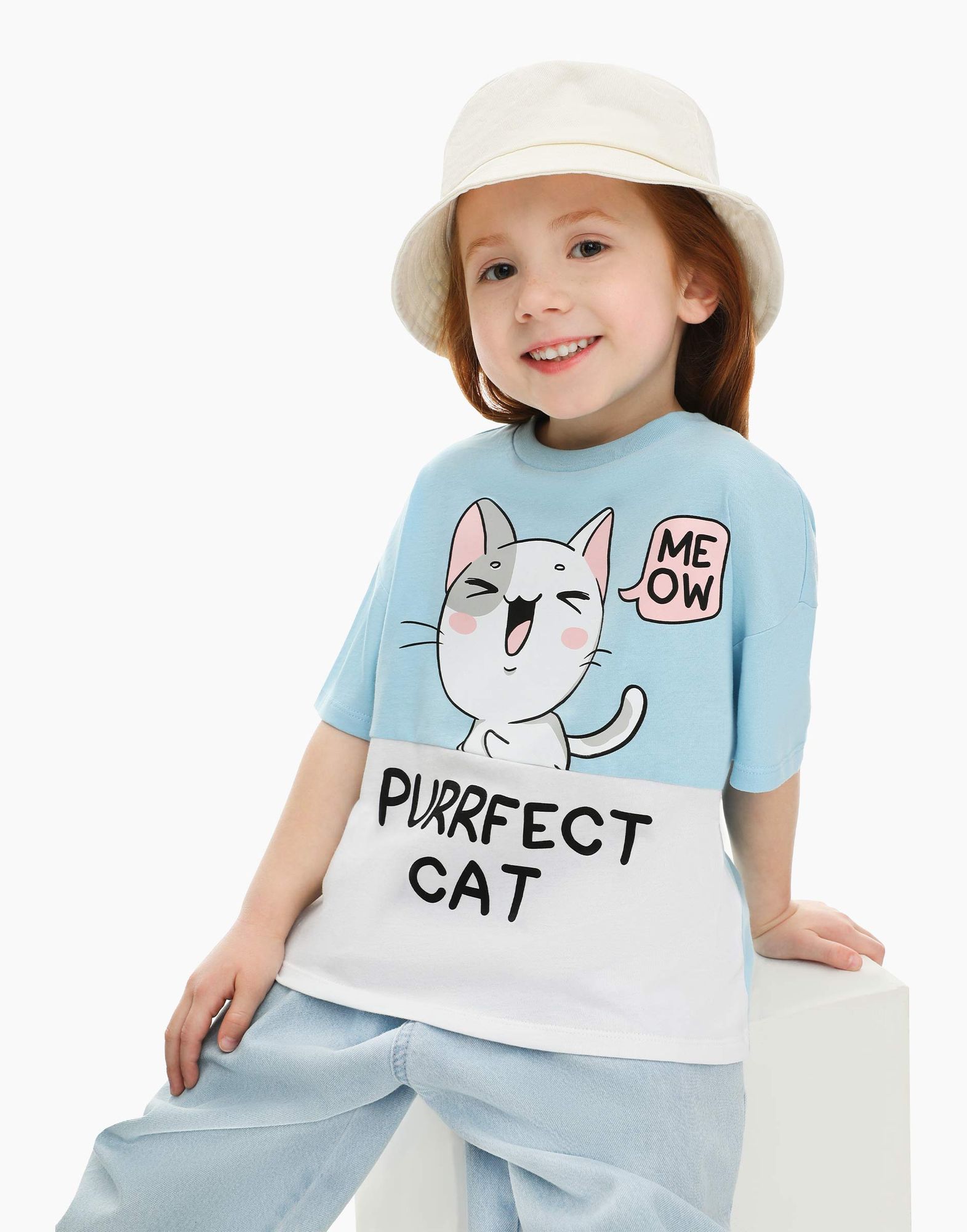 Голубая футболка с котиком superoversize для девочки GKT019415-3 купить ...