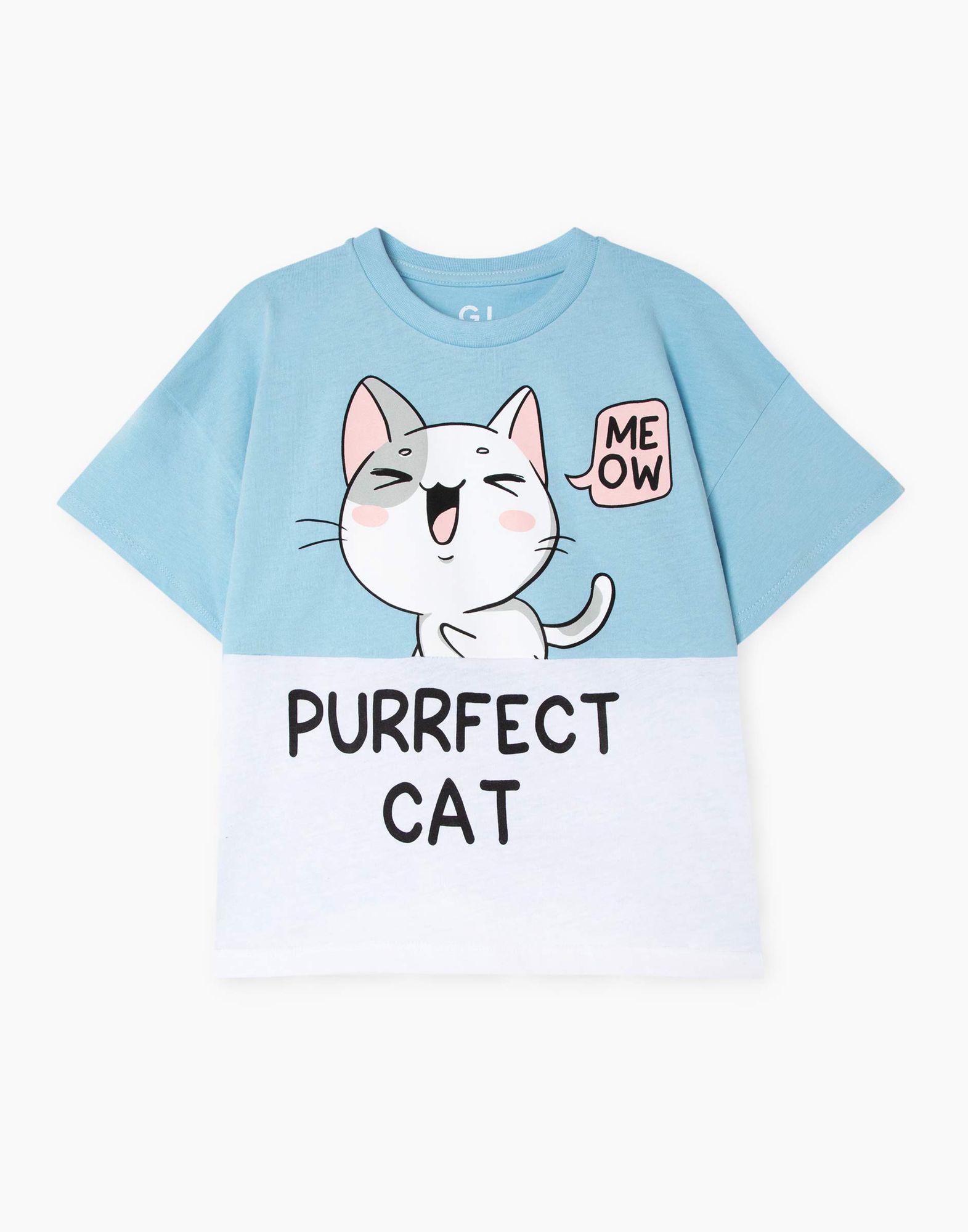Голубая футболка с котиком superoversize для девочки GKT019415-3 купить ...