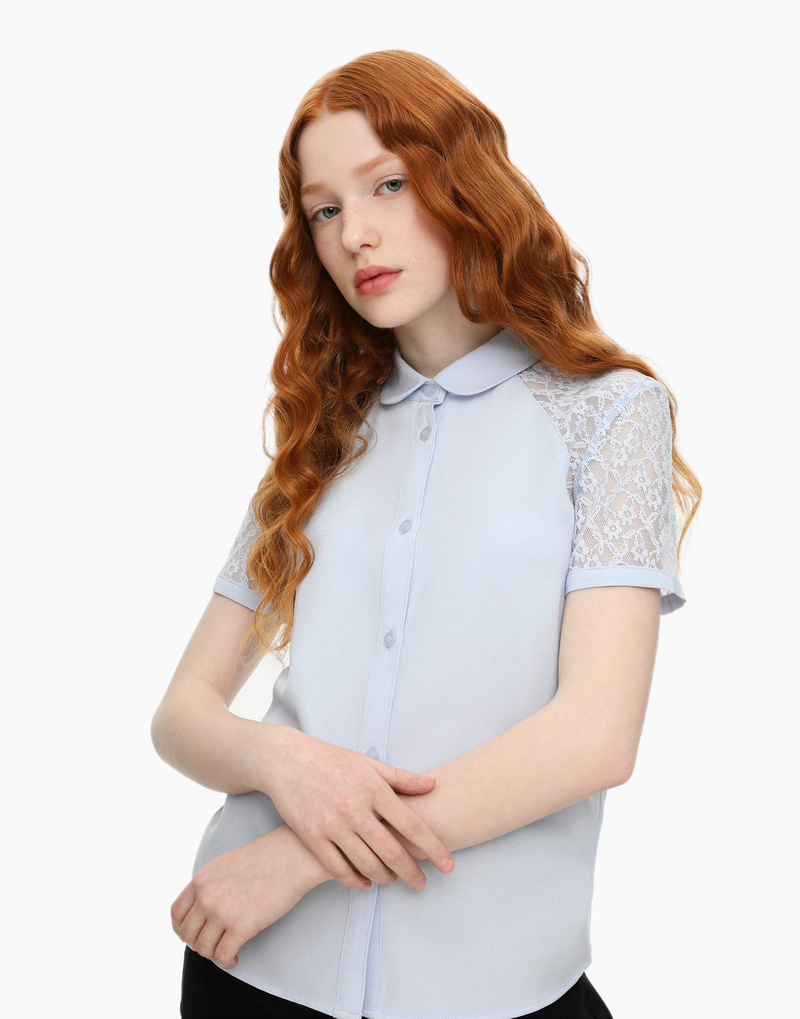Голубая школьная рубашка с кружевными рукавами для девочки GSU000985-1 ...