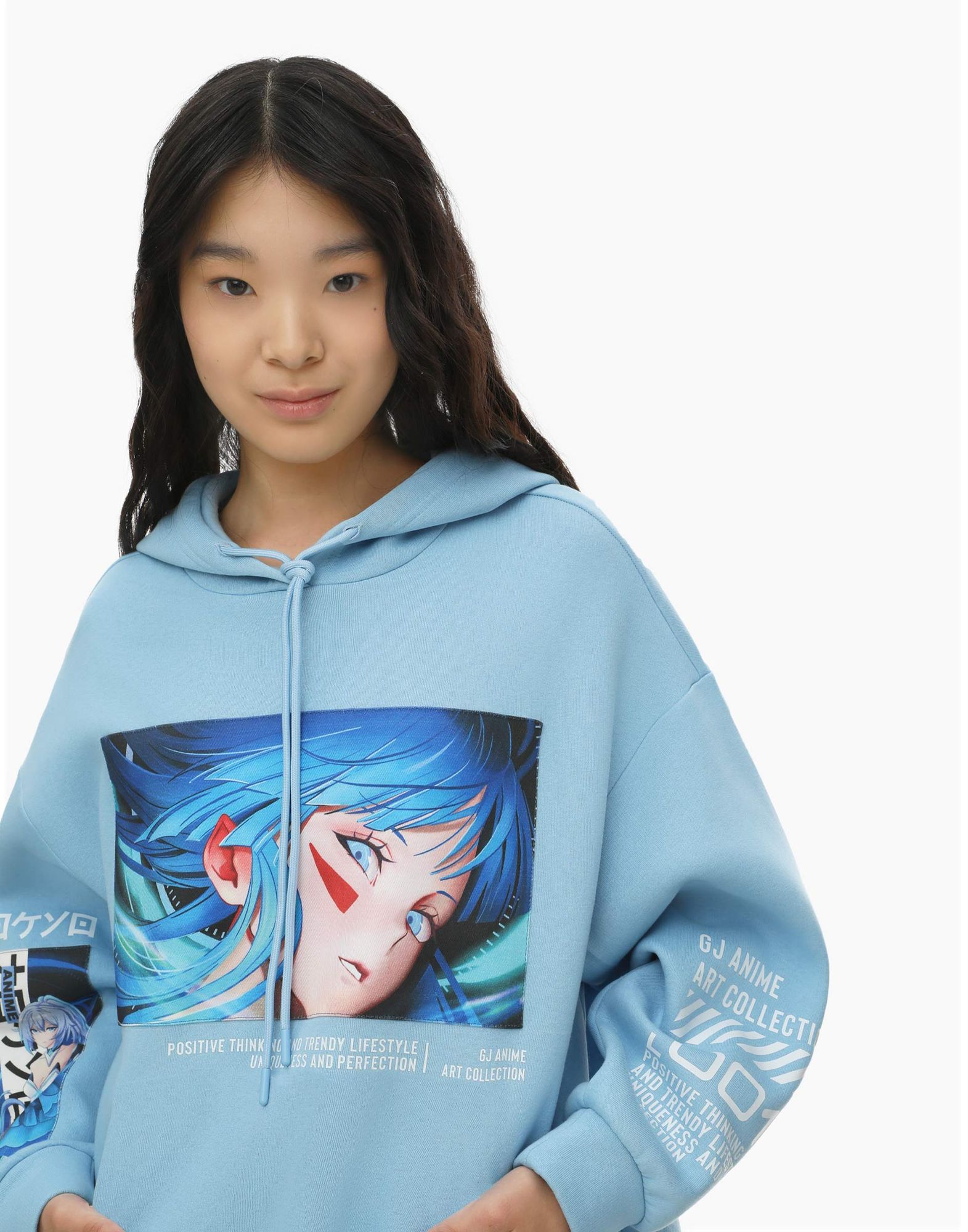 Голубое худи oversize с аниме-принтом для девочки-0